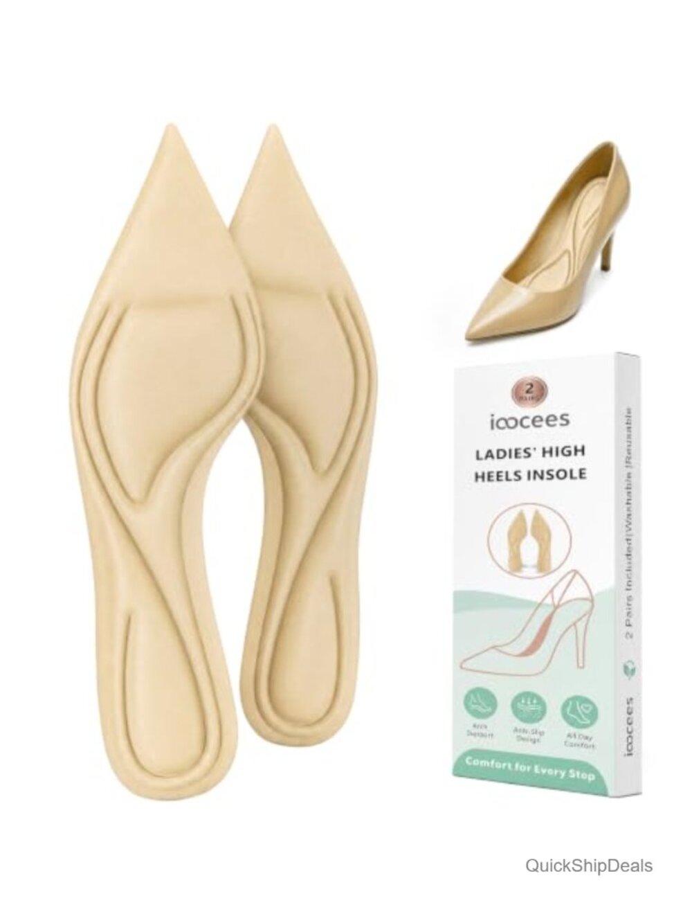 Full-Length High Heel Insoles for Women Dress Shoes, 2 Pairs, Washable